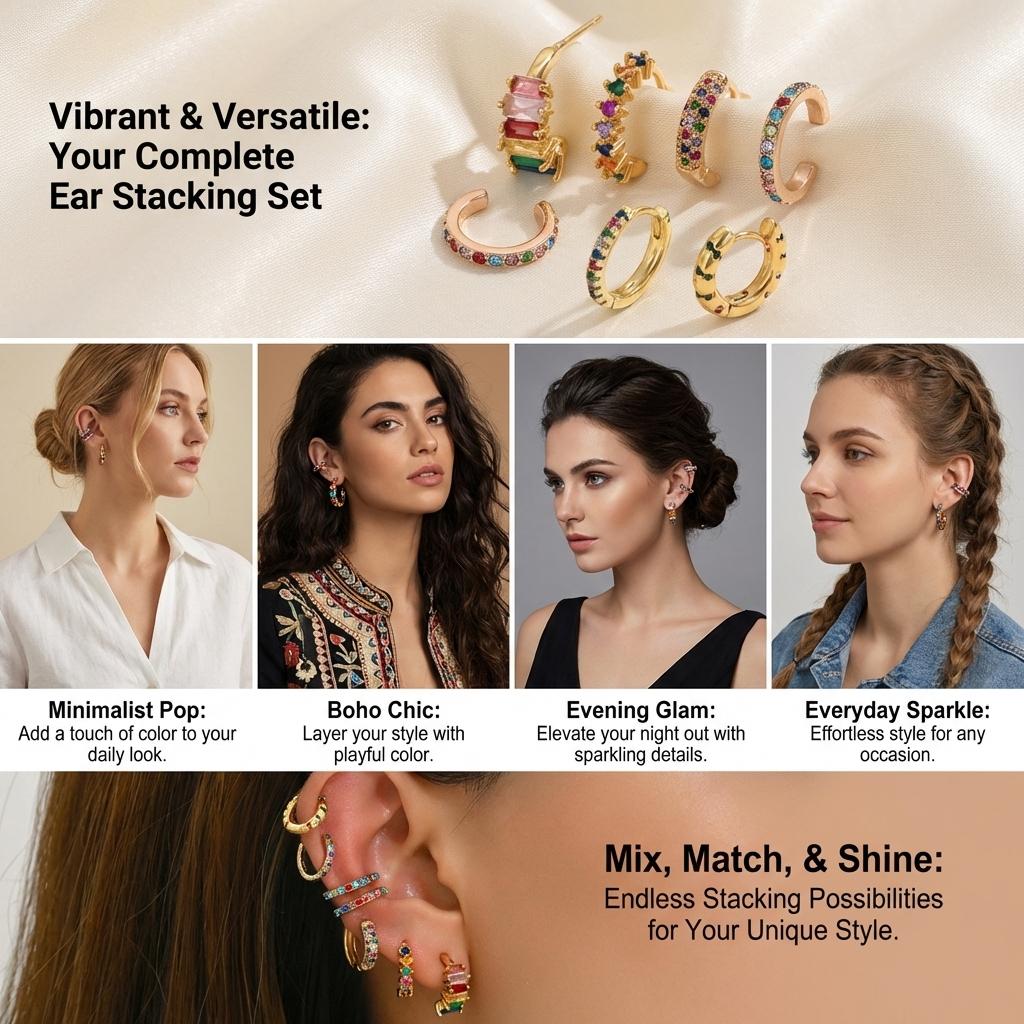 7pcs Bohemia Colorful Crystal Zircon Stud Earrings For Women Luxury Copper Ear Cuff Without Piercing Earring Party Charm Jewelry