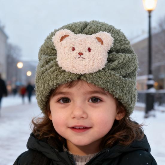 Children Hat Cartoon Bear Design Comfortable Elastic Fit Knitting Hat All-Round Thermal Protection Winter Baby Hat
