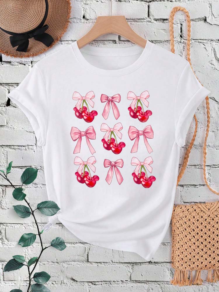 Ovely Style Fashion Summer Women Cherry Bow Print T Shirt Female Casual Top Tshirts Cartoon Graphic Tee T-Shirt