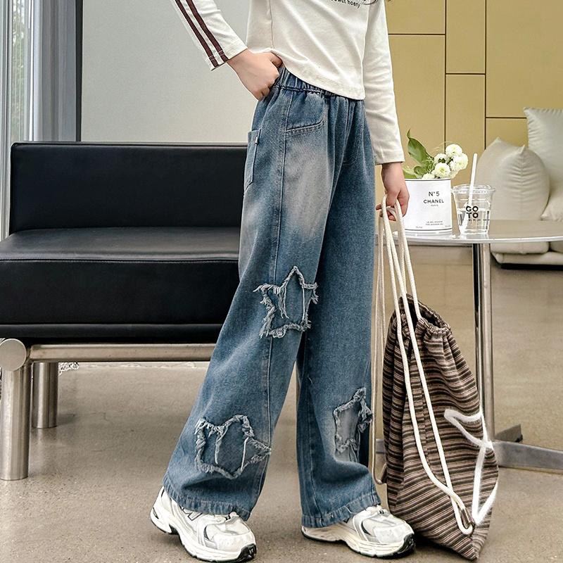 Spring Autumn Children Trousers  Girls' Jeans Teens School Star Design Casual Loose Jeans for Girl Elastic Waist Kids Straight Pants