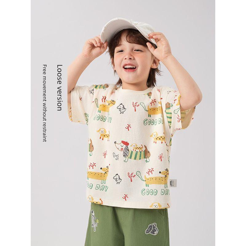 Right European Style Boys' Cute Printed Short-Sleeved T-Shirt, New Summer 2025 Children's Clothing, Top, Half-Sleeve, Pure Cotton