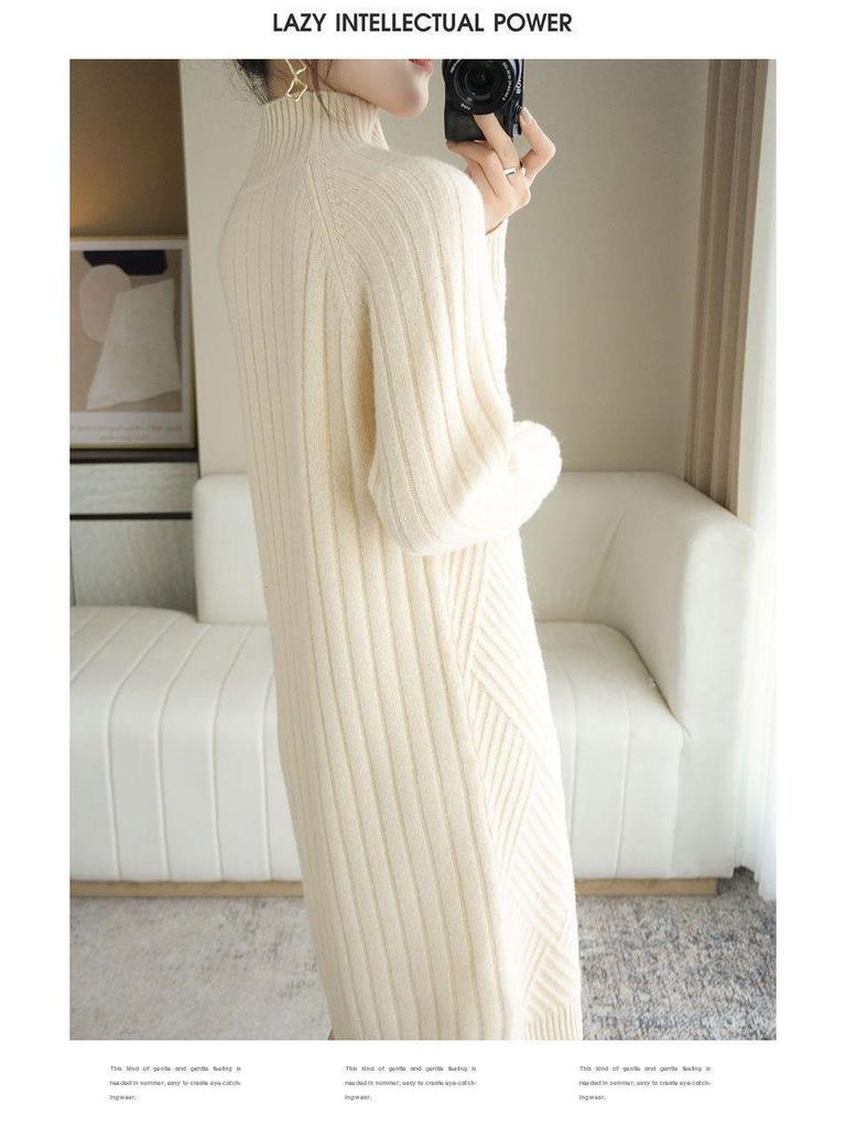 Women's Mid-Length High-Neck Wool Knit Sweater Dress for Autumn/Winter 2025 - Thickened Inner Layer
