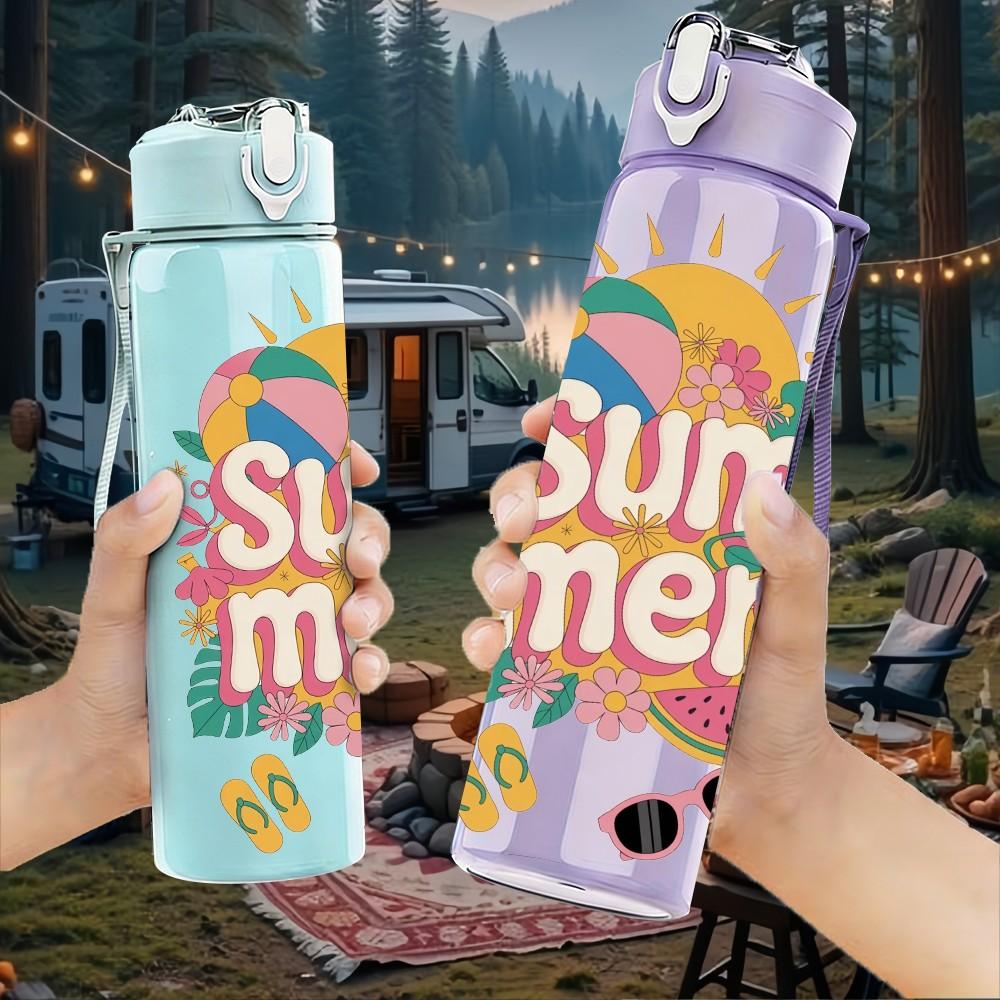 1PC Sum Mer Sun Bright Summer Lettering Art 750ml Color Plastic Sports Water Bottle Leakproof Flip Straw Lid Suitable for Sports Office Home Use
