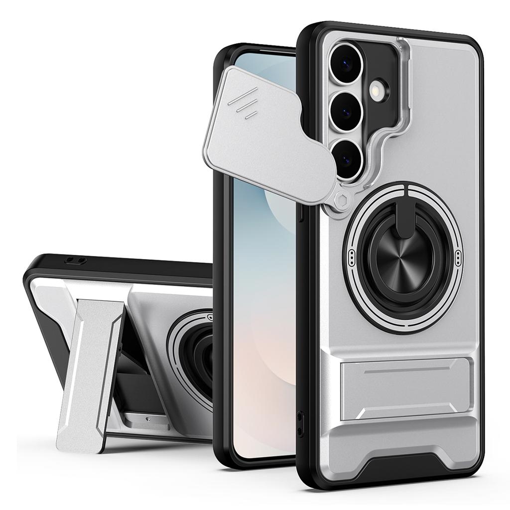 For Samsung Galaxy S25 FE Magnetic Case Ring Holder Foldable Kickstand TPU PC Phone Cover with Camera Lens Slider