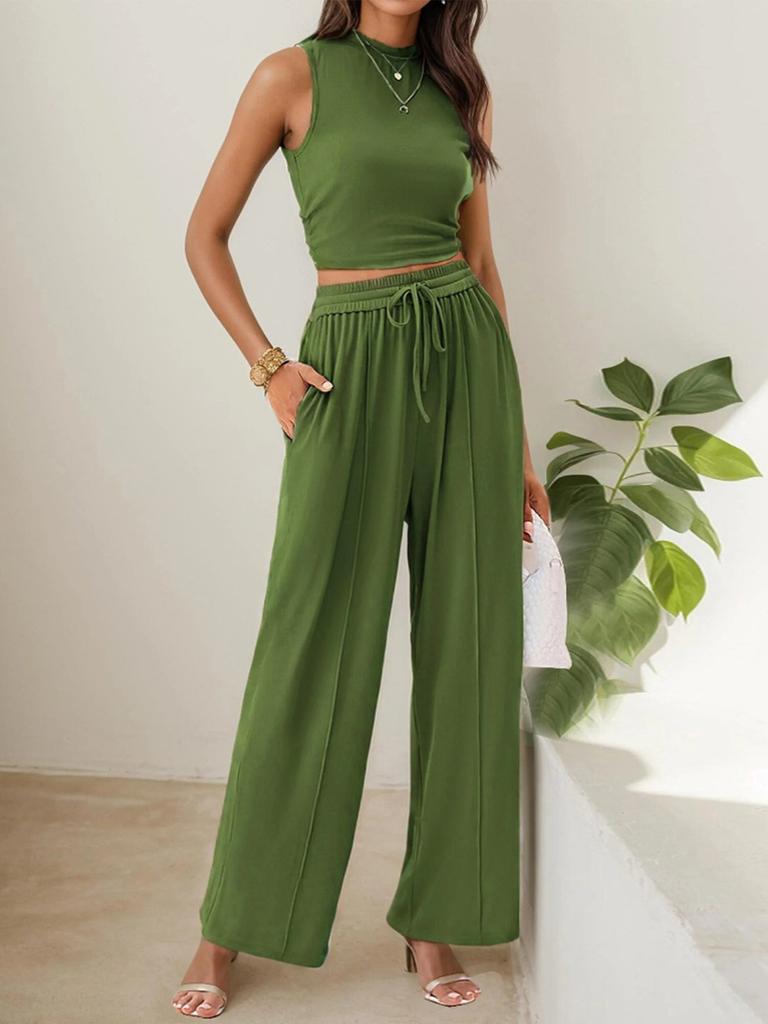 Summer Casual Set Sleeveless Round Neck Short Slim Top Wide Leg Pants Two Pieces