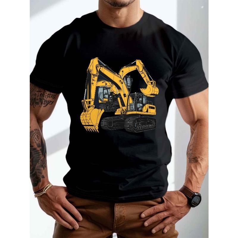 

European sizes Men S Casual Crew Neck T-Shirt with Industrial Yellow Excavator Design, Slight Stretch, Regular Fit, Geometric-Pattern, Summer Top XL