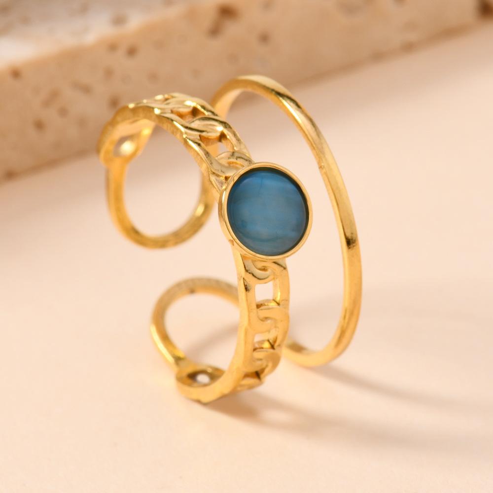 

Natural Stones Double-layer Geometric Open Ring Stainless Steel Gold Color Women Trendy Finger Rings Zircon Gift Wholesale Open синій