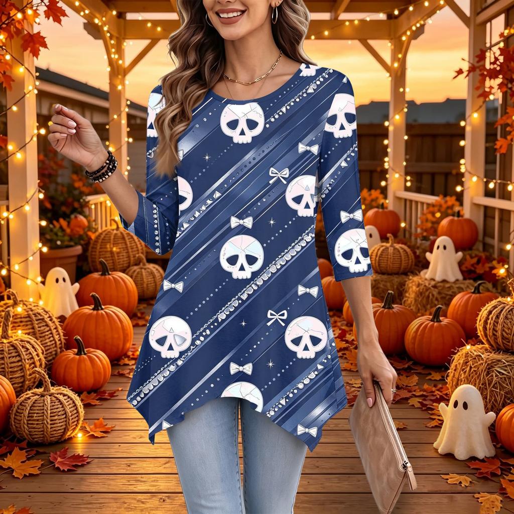 Women's Casual Halloween Print Top, Loose Fit Three-Quarter Sleeve