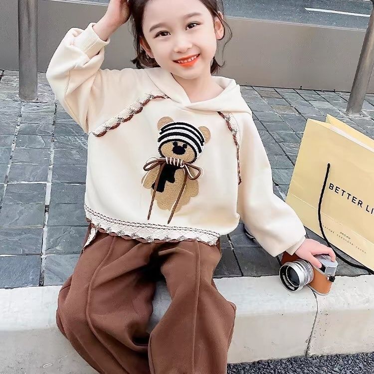 Girls Spring Autumn Fashionable Hoodie Two Piece Set Stylish Casual Sports Suit Baby Long Pants Top