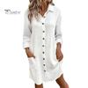 Fall Spring Women Dress Turn-down Collar Loose Long Sleeves Single-breasted Solid Color Shirt Type OL Commuting Midi Dress