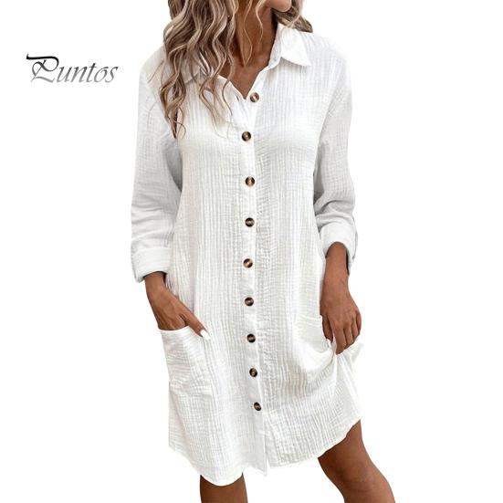 Fall Spring Women Dress Turn-down Collar Loose Long Sleeves Single-breasted Solid Color Shirt Type OL Commuting Midi Dress