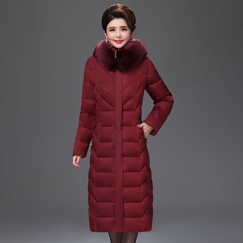 Vinter medellång dunjacka över knäet, plusstorlek, förtjockad kappa för medelålders och äldre mödrar