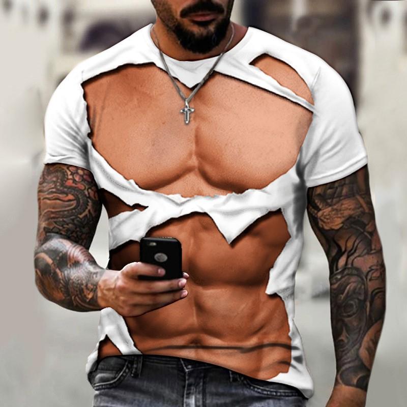 Mens 3D Printed Muscle Design T-Shirt Digital Print Short Sleeve Casual Crew Neck Breathable Loose Fit Tee