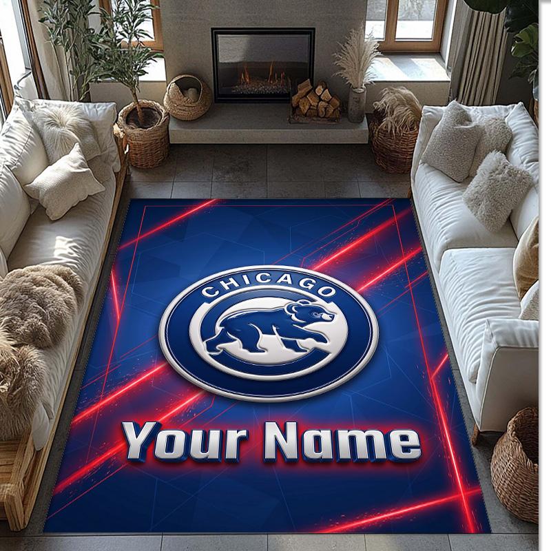 Chicago Cubs Crystal Velvet Rug, Custom Name Text Personalized Non‑Slip Floor Mat for Home Decor Gift