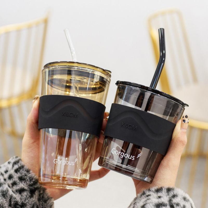 Portable Glass Cup Large Capacity Coffee Cup Straws Reusable with Lid Straw Cup Cute Coffee Mugs and Cups