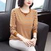 Winter Long Sleeve Striped T Shirt Women Loose Middle Age Mom Base Layer Top