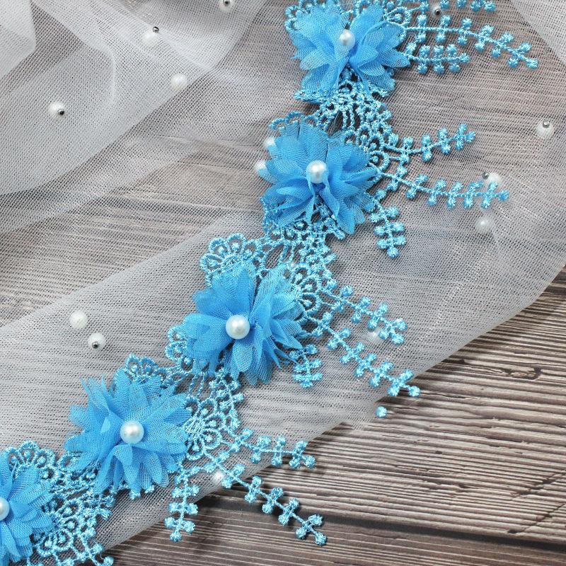 

Белый 3D шифон роза кружевная ткань цветок жемчужные бусины свадебный декор кружевная лента DIY ремесло 8.5 см в ширину синий