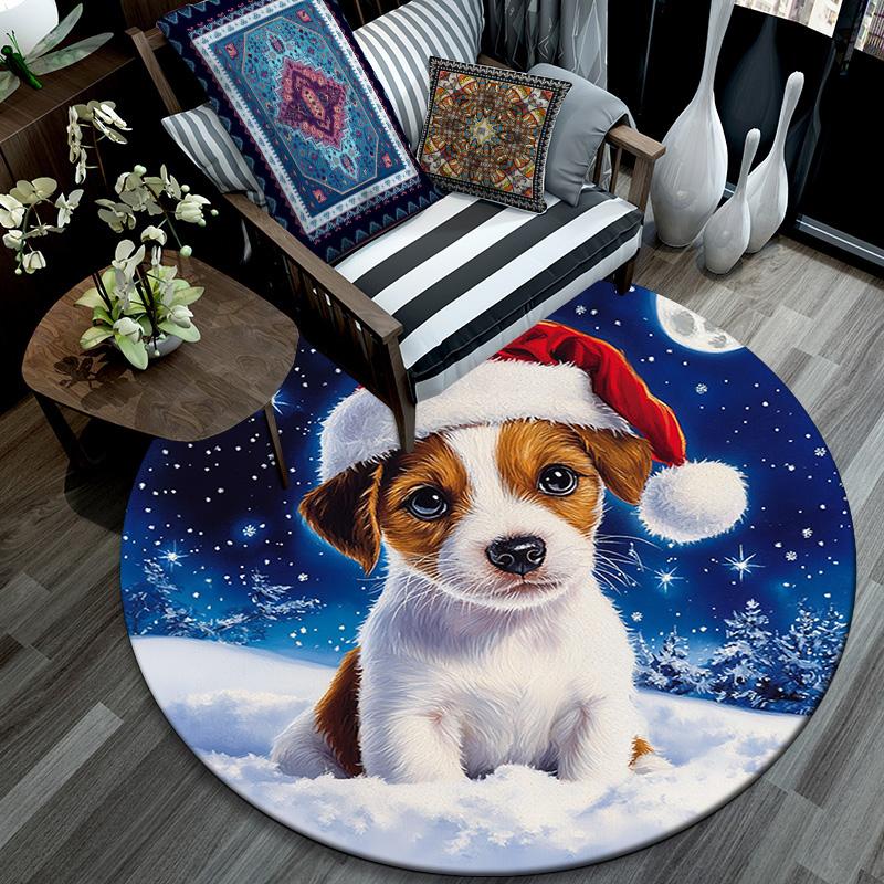Christmas Puppy Round Area Rug,Carpet Rug for Living Room Bedroom Sofa Playroom Decor,Non-slip Floor Mat