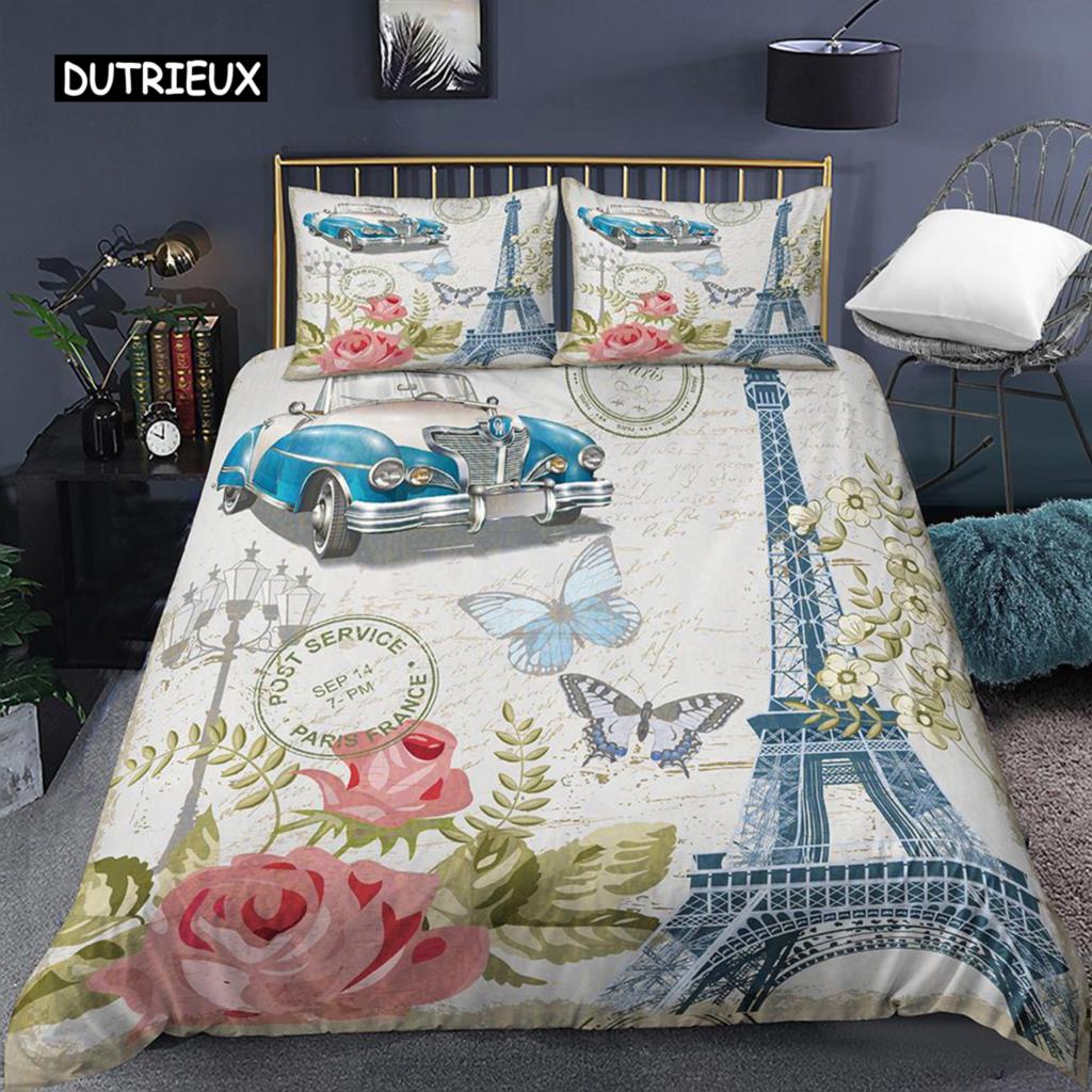 Eiffel Tower Duvet Cover Set Microfiber Paris France Comforter Cover Love Letters French Theme Retro Bedding Set Romantic Gifts