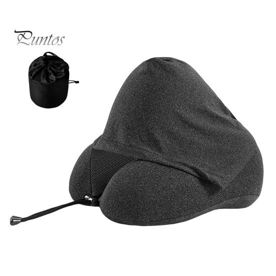 Travel Neck Pillow with Hood Memory Foam U-shaped Pillow with Adjustable Drawstring Breathable Neck Cushion for Airplane Car Long Flights Road Trips