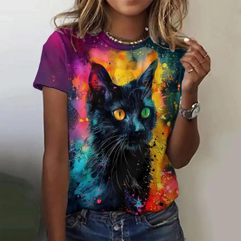 Summer O-Neck Short Sleeve Women's T-Shirt 3d Printed Black Cat Pattern T-Shirt Pullover Top Fashion Street Female Clothing 2024