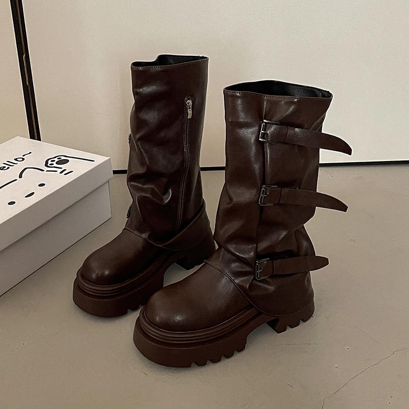 

Нишевые ретро ботильоны с круглым носком и толстым каблуком средней и высокой высоты 2025 осень-зима западные ковбойские ботинки ботинки-чулки рыцарские ботинки французские женские ботинки 40 коричневый
