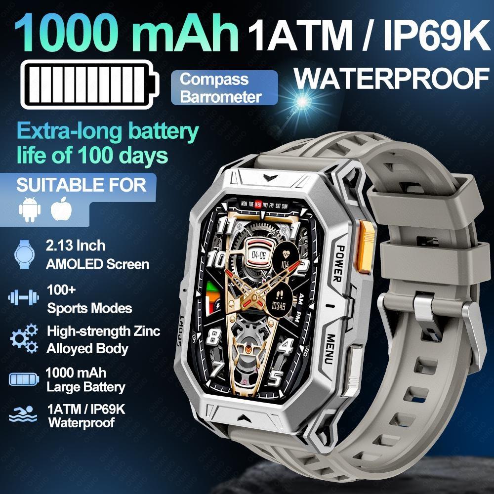 New 1000mAh Battery Smart Watch 2.13-Inch AMOLED Screen Men's Watch Compass 10ATM Waterproof Bluetooth Call Sports Smart Watch