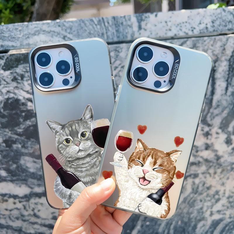 Red Wine Glass Liquid Cute Cat Phone Case For iPhone 16 15 14 13 Mini Pro Max 12 11 Pro Max 15 14 Plus Shockproof Laser Covers