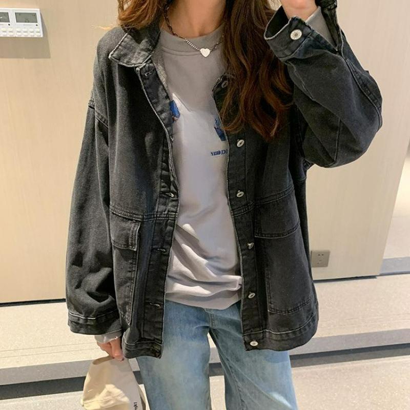 Lockere Langarm-Jeansjacke Damen Frühling und Herbst Schwarz Allround-Jacke Ins