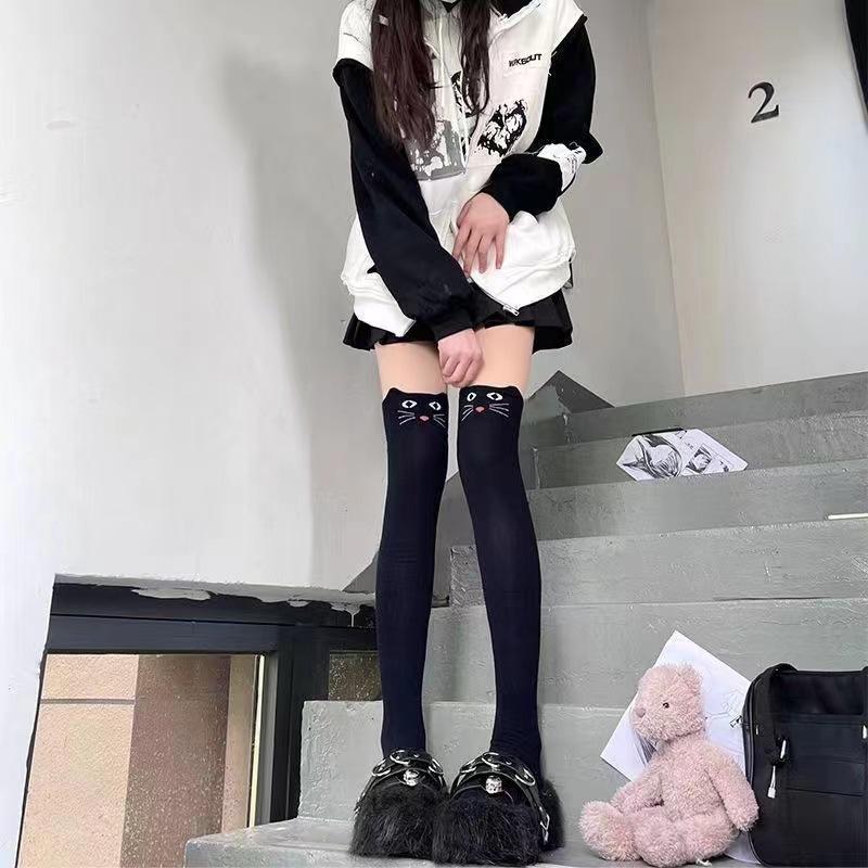 Cute Bear Stockings Female Spring Cartoon Cat Over Knee High Socks Comfortable with Solid Color Student Socks