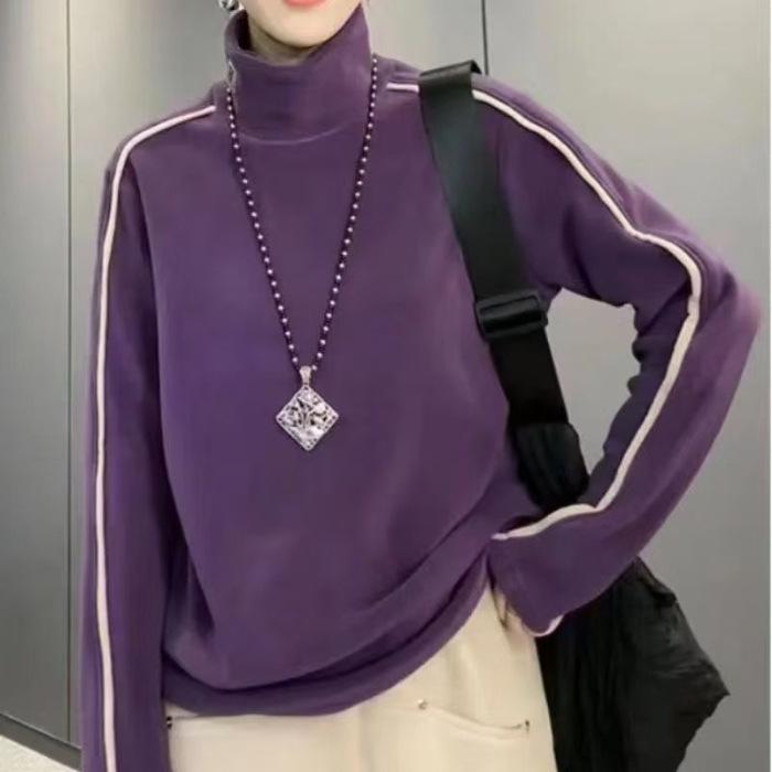 

European Fashion Color Block Plush Turtleneck Sweatshirt - Women s Casual Winter Base Layer 5XL фіолетовий