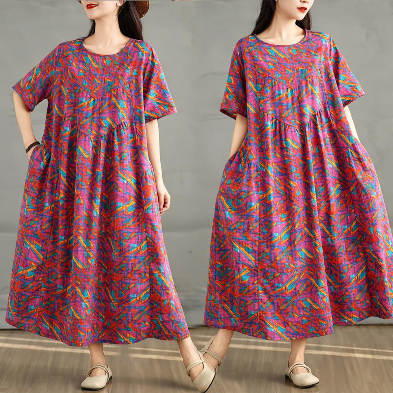 DIMANAF 2025 Plus Size Summer Dress Women Casual Vintage Long Dress Floral Printing Loose Shirt Dress Maxi