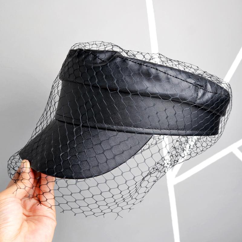 Fashion Lace Mesh Yarn Berets Hats For Women Girl Vintage Black Denim/Pu Flat Top Newsboy Caps Female Elegant Short Brim Sun Hat