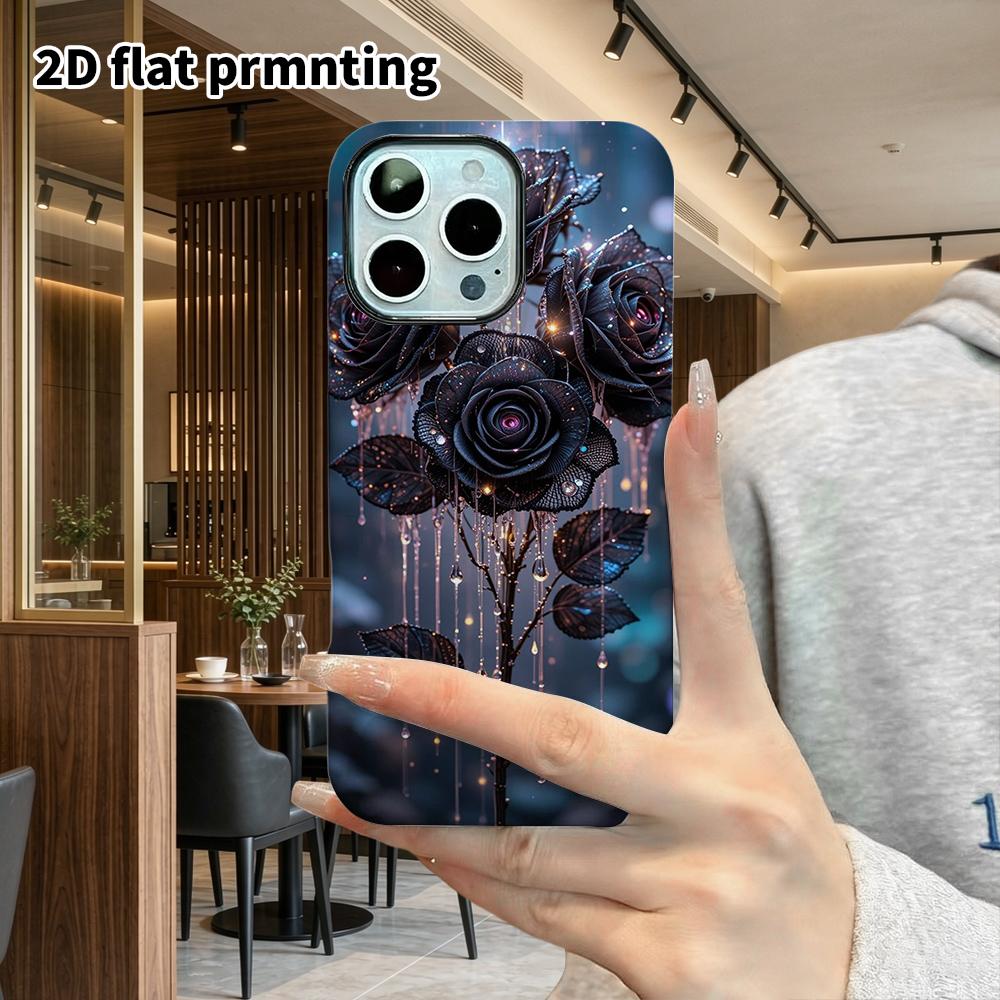Phone Case: 2D Flat Suitable for iPhone 18, 17, 16, 15, 14, 13 Pro Film Protective Case, Couple Style, Ice Crystal Black Rose, Christmas and Halloween