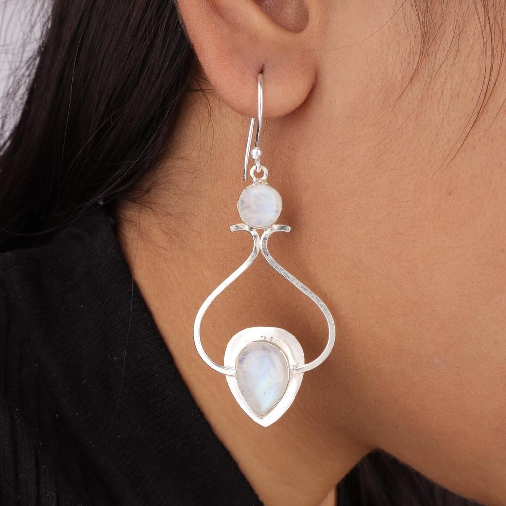 Natural Rainbow Moonstone Gemstone 925 Sterling Silver Handmade Earrings 2.07" EE-170-24