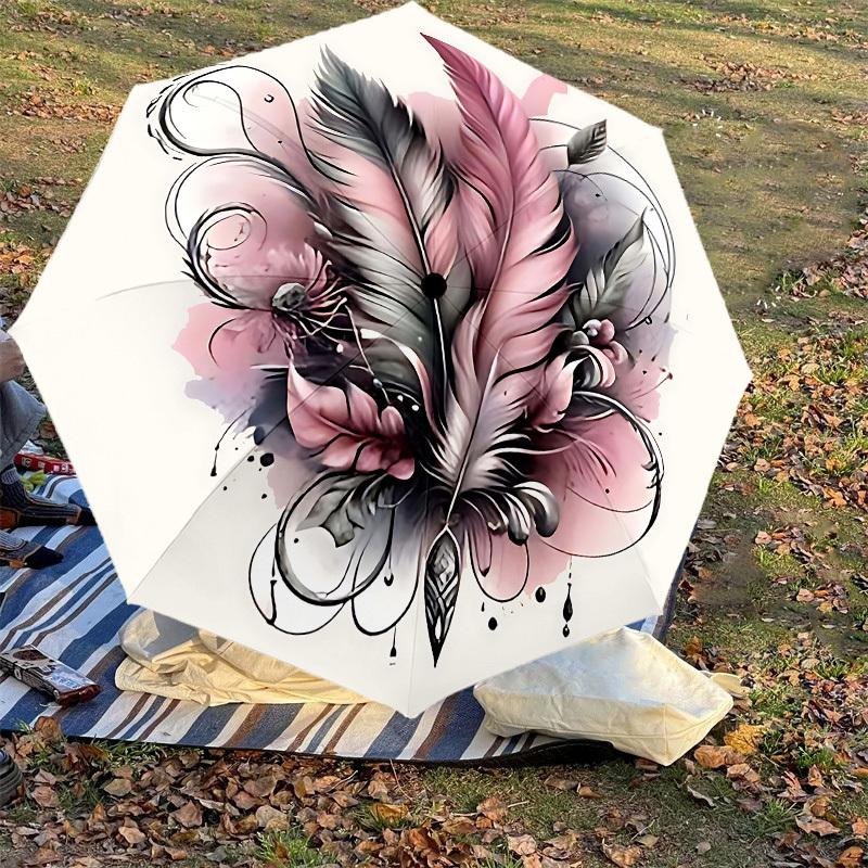 1PC Feathers Ink Umbrella-8-Rib Reinforced, Automatic Open, Lightweight & Durable, Cute Fashion Accessory for Outdoor-P29
