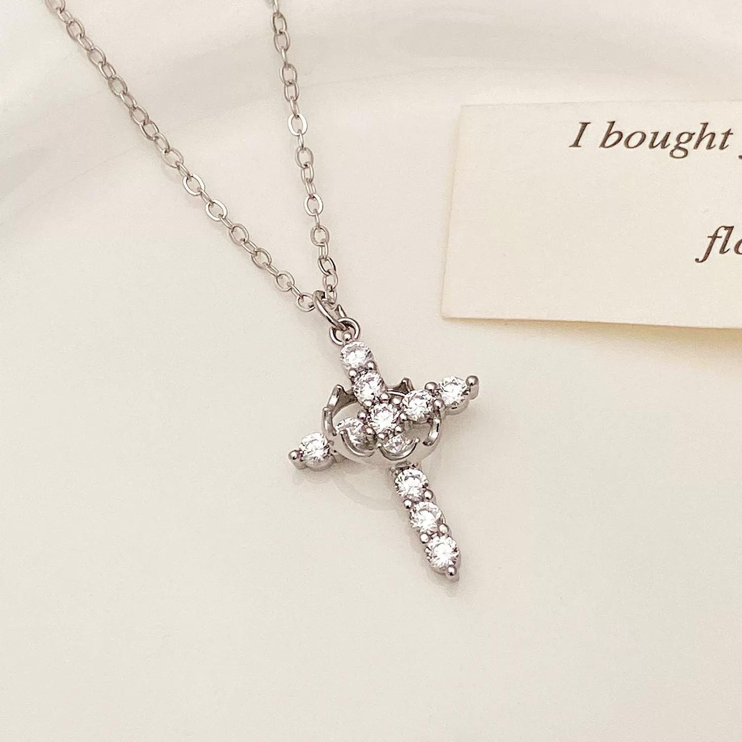 Rotatable Crown Cross Pendant Necklace for Women Shiny Rhinestone Stainless Steel Cross Choker Christian Prayer Party Zircon