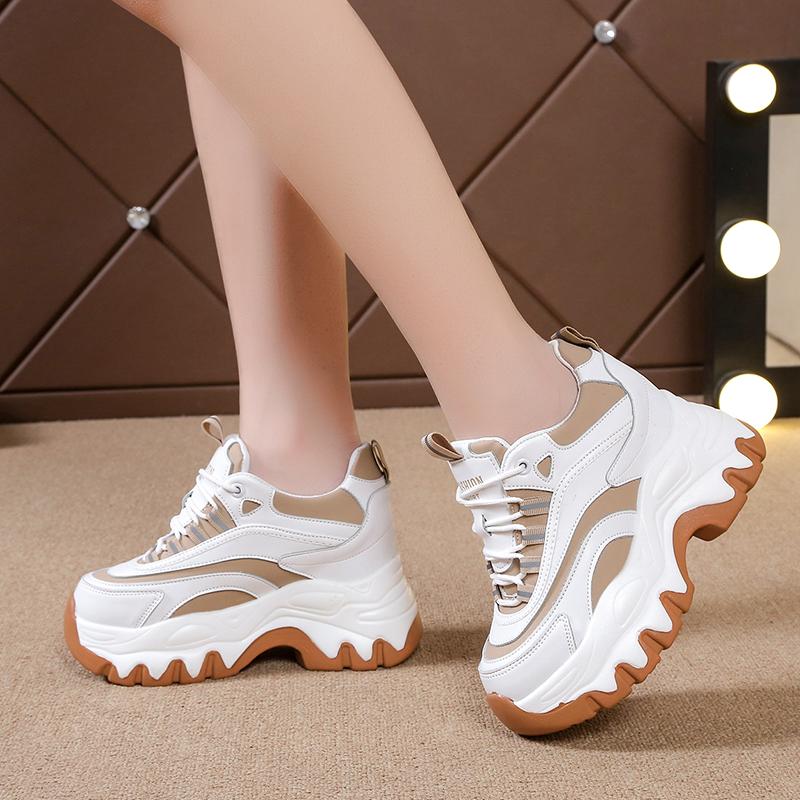fashion Women Thick Bottom Leather Sneakers New 2024 Chunky Breathable Female Casual Shoes Ladies High Platform White Sports Shoes 8CM