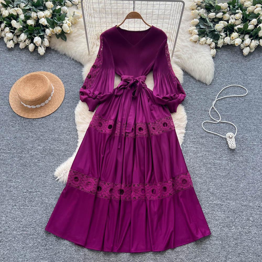 

Кружево с тяжелой вышивкой, вставка, пояс, платье-фонарик, женское облегающее длинное платье Sve Dr на осень, с высокой талией, А-силуэта One size фиолетовый