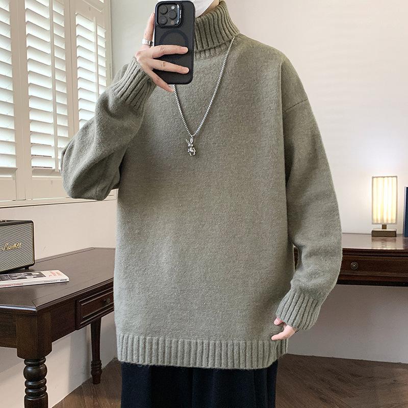 

Осень и Зима Новый Однотонный Свитер с Воротником-Гольф Повседневный Вязаный Свитер Базовая Футболка Японский Свободный Свитер 3XL зелёный