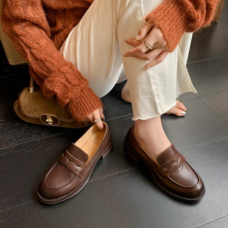 Nové dámské mokasíny penny z pravé hovězí kůže s kulatou špičkou, silnou podrážkou a platformou, nazouvací, k uniformě JK, šaty, lodičky, ručně vyráběné, velikost 42