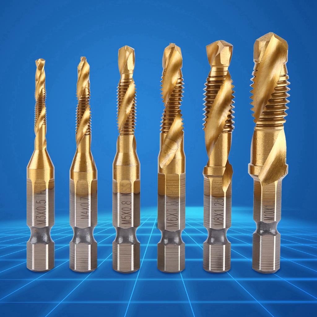 6pcs Metric Thread M3-M10 Titanium Coated HSS Drill and Tap Bits 1/4" Hex Shank