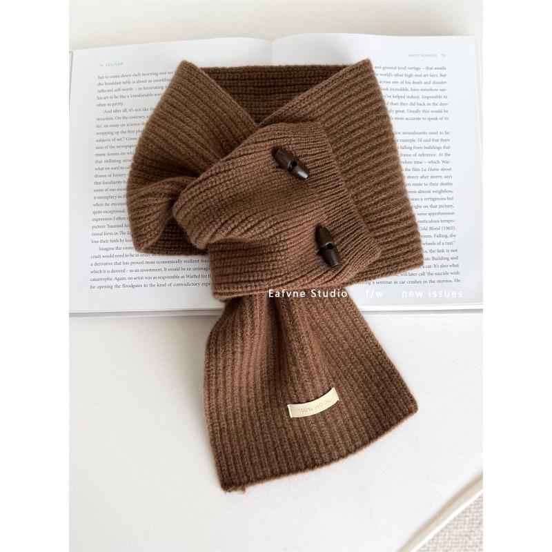 

Pure Wool Horn Button Scarf Solid Color Small Scarf Cross Ladies Lazy Warm Autumn and Winter Collar 76*15cm