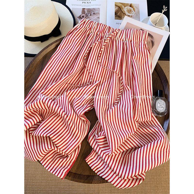 

Grow Freely Red Striped Elastic High-Waisted Wide-Leg Casual Pants Summer Thin Drawstring Straight Long Pants Red M