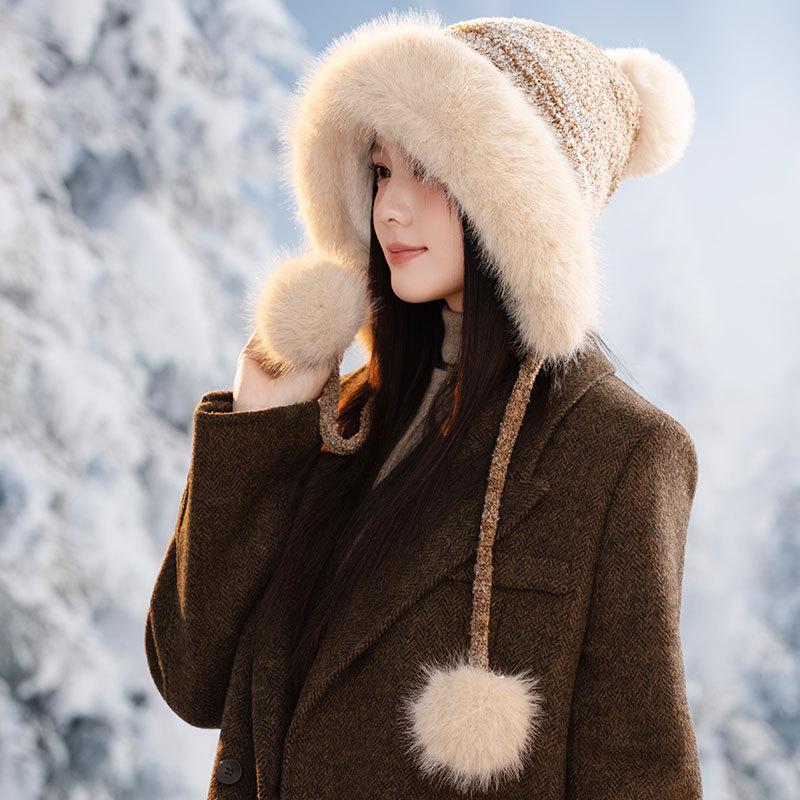 Ear Protection Knitted Thermal Hat Women's Autumn and Winter Piled Thickened Hairball Wool Colorful Hat