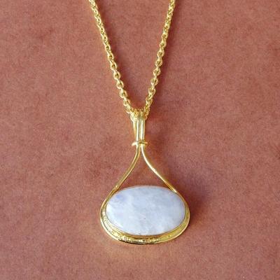 Moonstone Gemstone Yellow Gold Handmade Women Designer Necklace, Gift For Christmas, Wife Gifts, 925 Sterling Silver, Birthstone Necklace