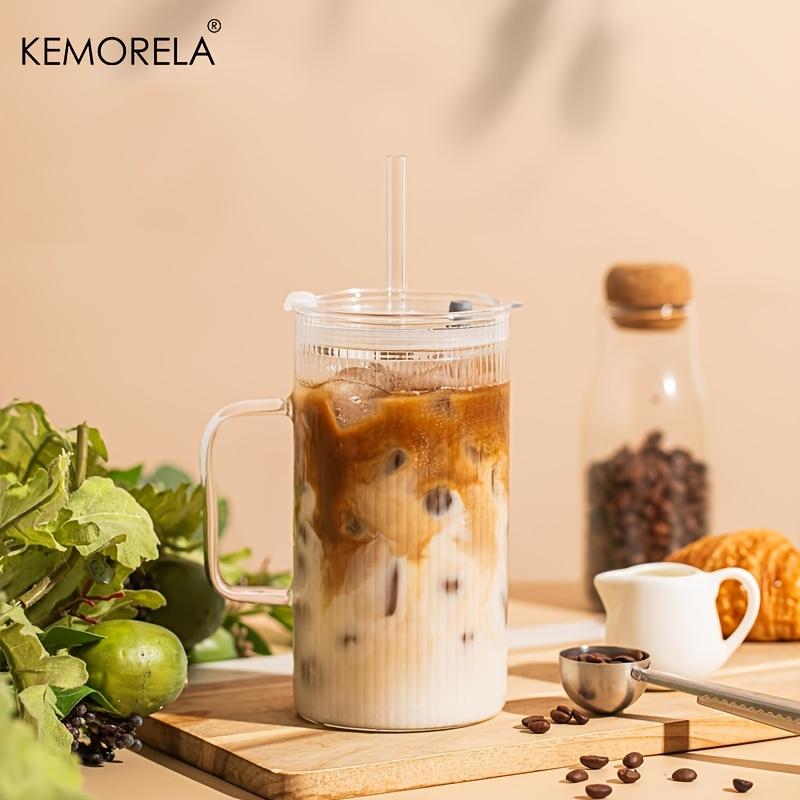 KEMORELA 740ML Large Ribbed Glass Tumbler with Handle and Lid Set of 1/2 Clear Glass Cups with Reusable Straws for Iced Coffee