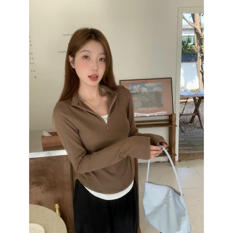 Spring Autumn Fake Two Pieces Slim T-shirt Women Long Sleeve Casual Fashion All-match Pullover Tee Top