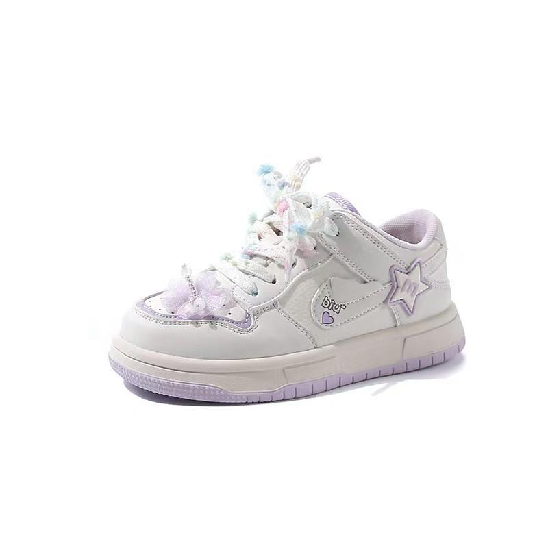 Girls Chunky Sneakers With Floral Print PU Leather Casual Shoes Kids Ages 4-12 Rubber Sole