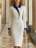 Elegante Abito con Contrasto Blu e Bianco e Revers